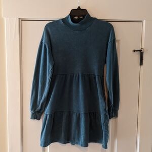 Wild Fable Sweatshirt Babydoll Dress Teal Tiered Mock Neck, Size XS